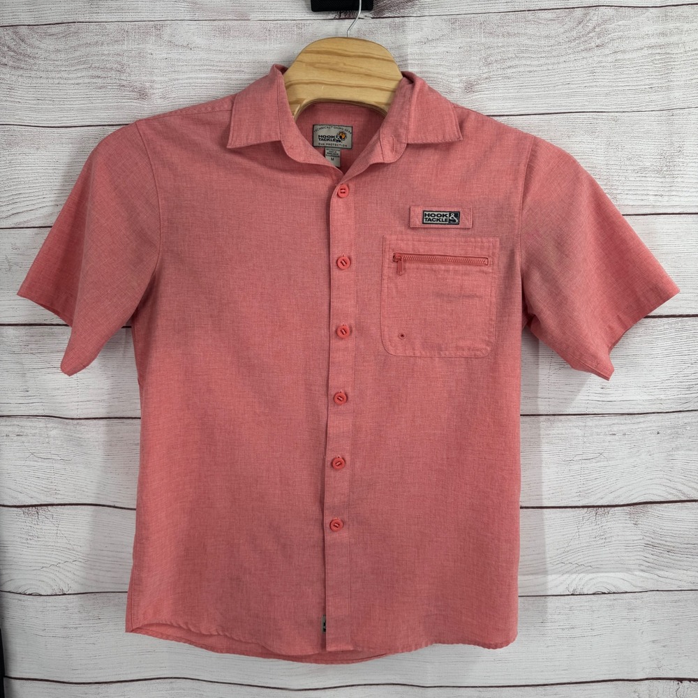 Hook & Tackle Mens Medium‎ Fishing Shirt Button Up Short Sleeve Salmon Vented